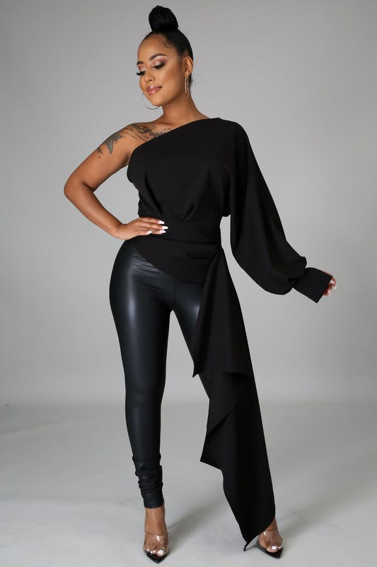 Women's One Shoulder Waist Asymmetrical Draped Blouse Top