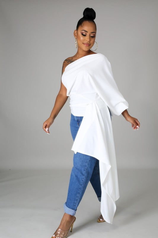Women's One Shoulder Waist Asymmetrical Draped Blouse Top