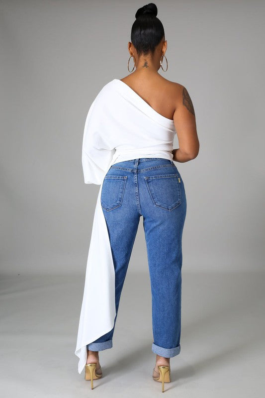 Women's One Shoulder Waist Asymmetrical Draped Blouse Top