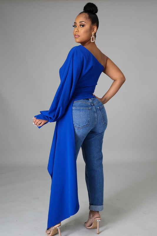 Women's One Shoulder Waist Asymmetrical Draped Blouse Top