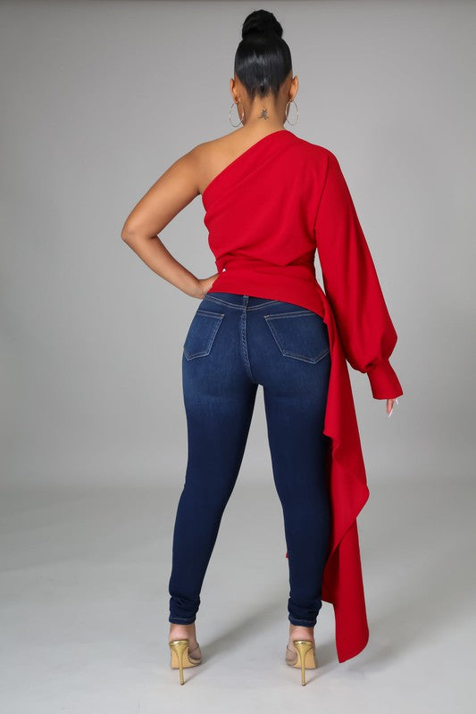 Women's One Shoulder Waist Asymmetrical Draped Blouse Top