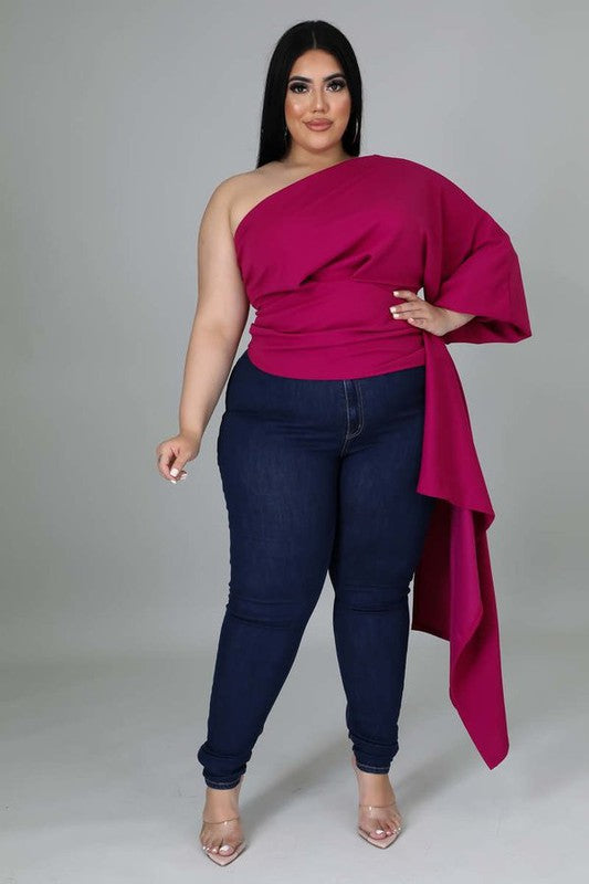 Women's One Shoulder Waist Asymmetrical Draped Blouse Top