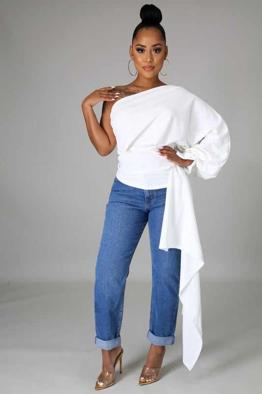 Women's One Shoulder Waist Asymmetrical Draped Blouse Top