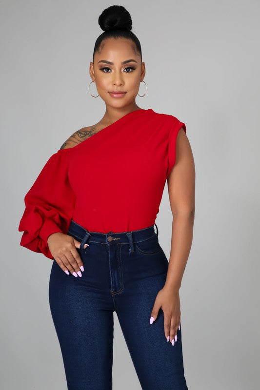 Women's One Shoulder Puff Sleeve Solid Blouse Top