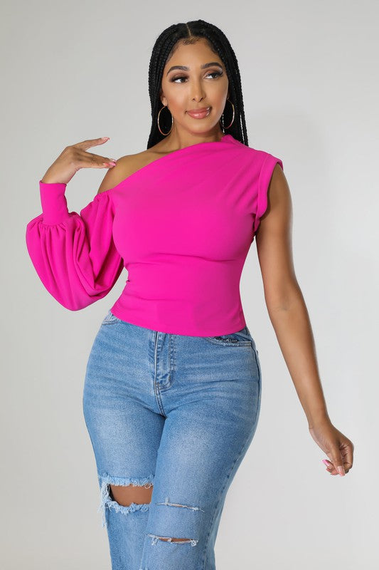 Women's One Shoulder Puff Sleeve Solid Blouse Top
