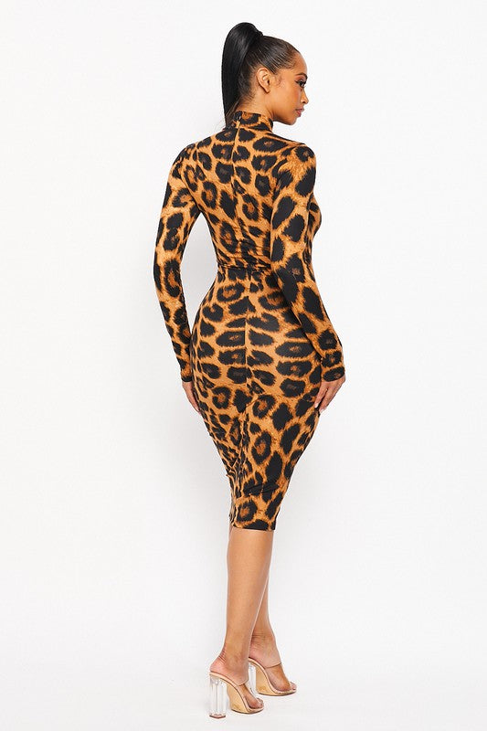 Women's Animal Print Mock Neck Bodycon Midi Dress