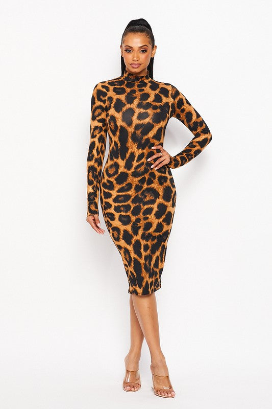 Women's Animal Print Mock Neck Bodycon Midi Dress