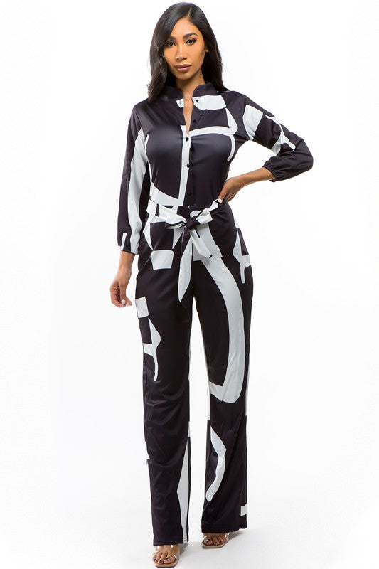 Sexy Black and White Straight Leg Multi Print Jumpsuit