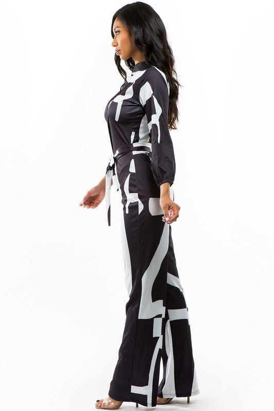 Sexy Black and White Straight Leg Multi Print Jumpsuit