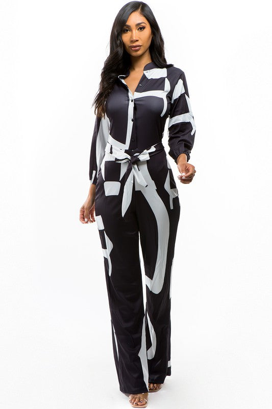 Sexy Black and White Straight Leg Multi Print Jumpsuit