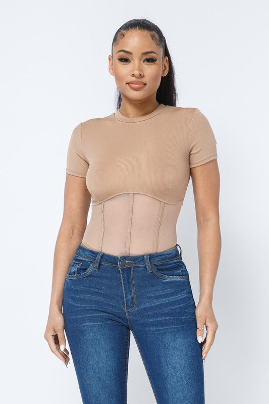 Rib and Mesh Contrast Binding Detail Bodysuit