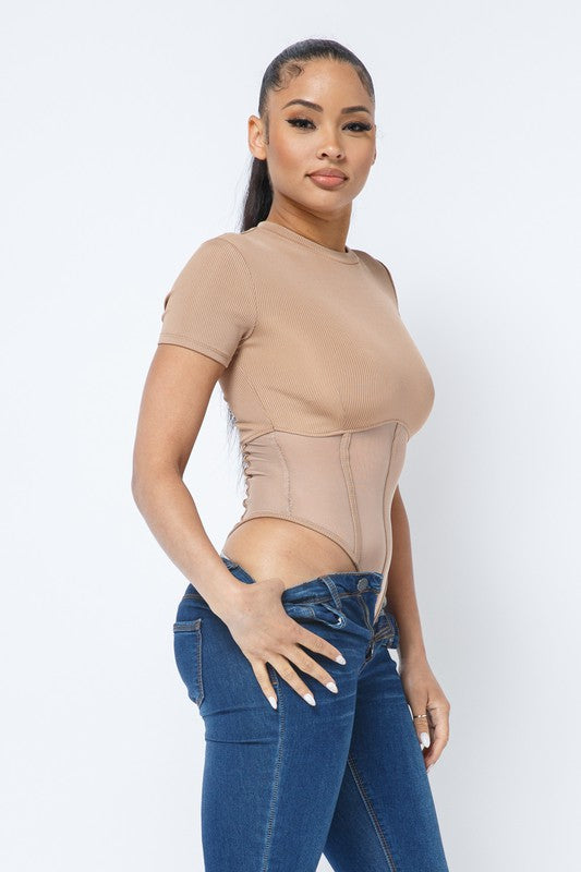 Rib and Mesh Contrast Binding Detail Bodysuit