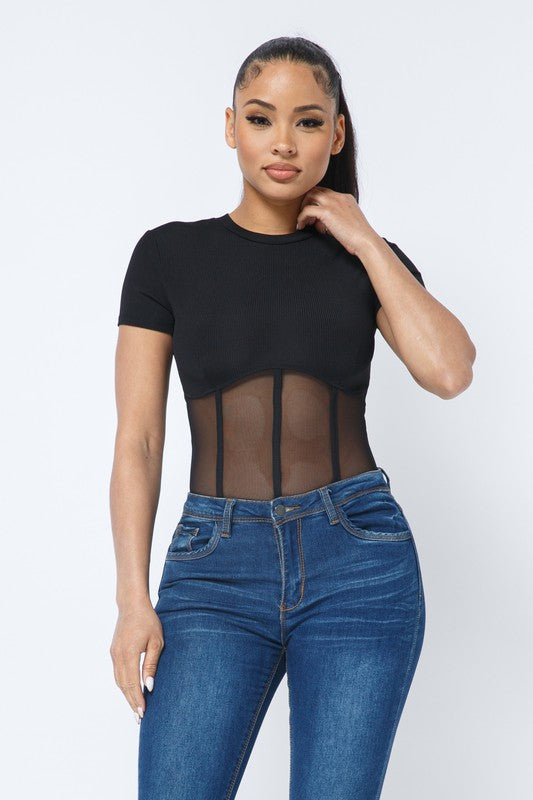 Rib and Mesh Contrast Binding Detail Bodysuit
