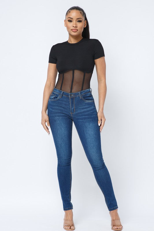 Rib and Mesh Contrast Binding Detail Bodysuit