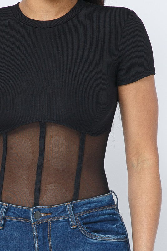 Rib and Mesh Contrast Binding Detail Bodysuit
