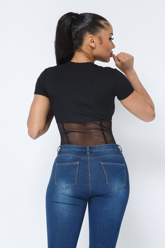 Rib and Mesh Contrast Binding Detail Bodysuit