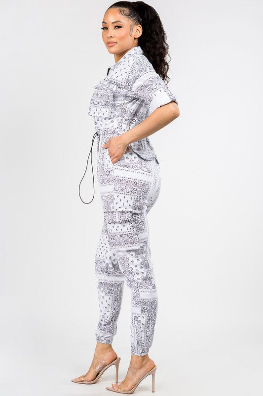 Women's Bandana Printed Cargo Jumpsuit