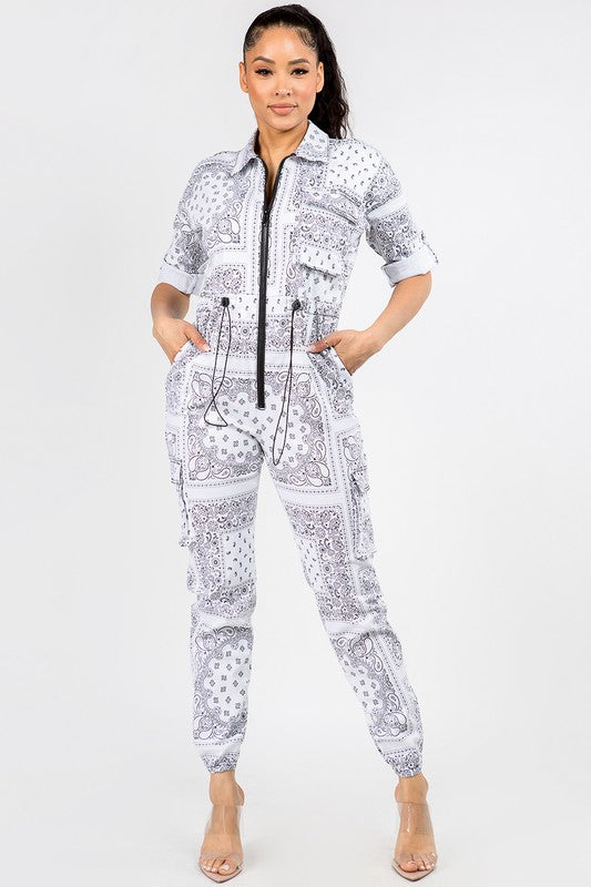 Women's Bandana Printed Cargo Jumpsuit