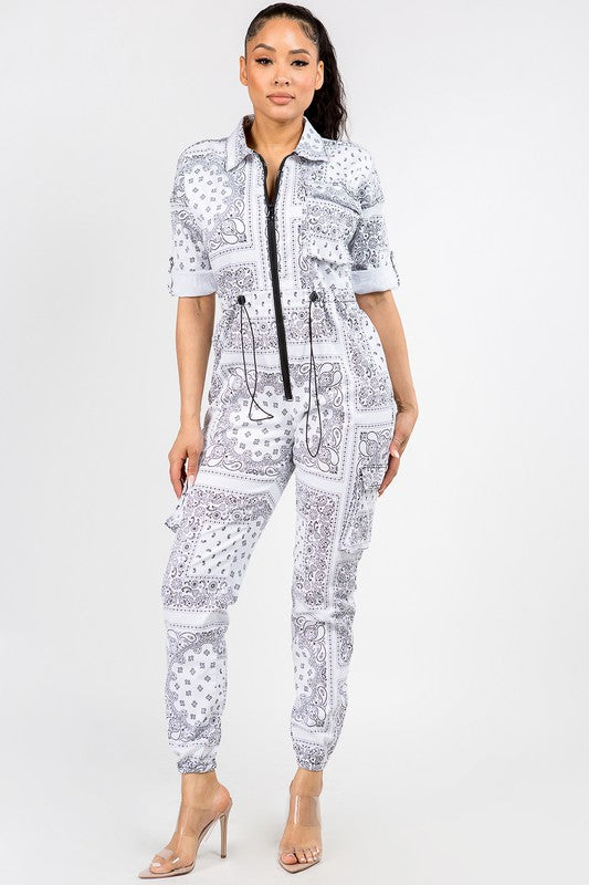 Women's Bandana Printed Cargo Jumpsuit