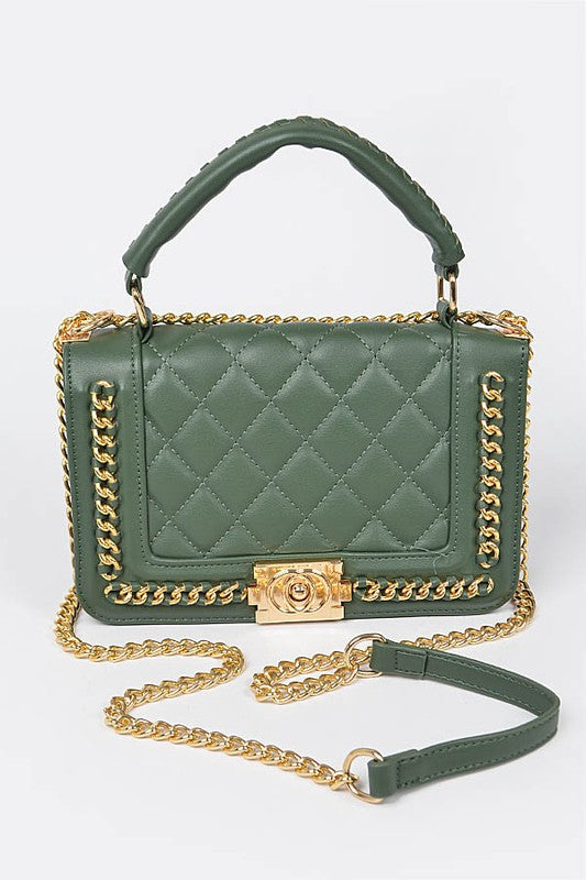 Leather Braided Chain Top Handle Crossbody Handbag