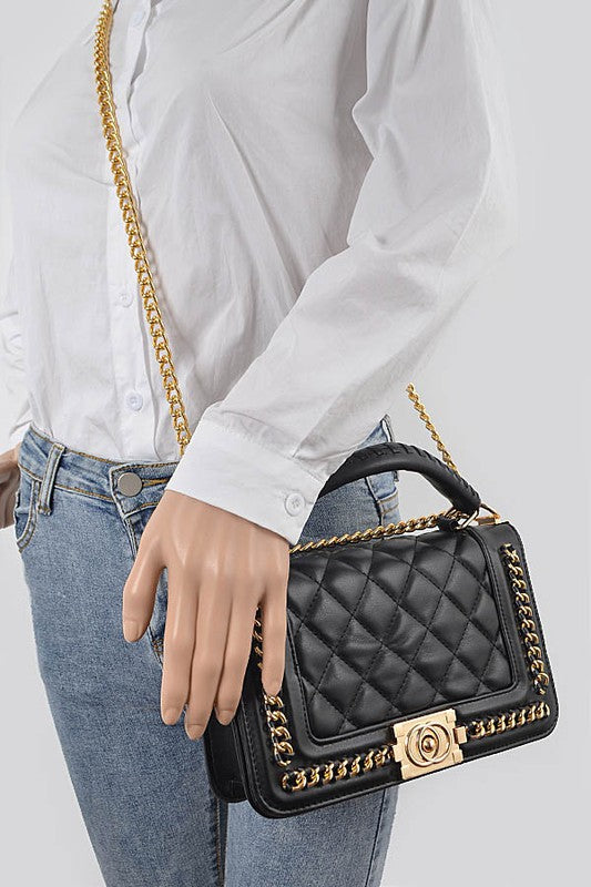 Leather Braided Chain Top Handle Crossbody Handbag