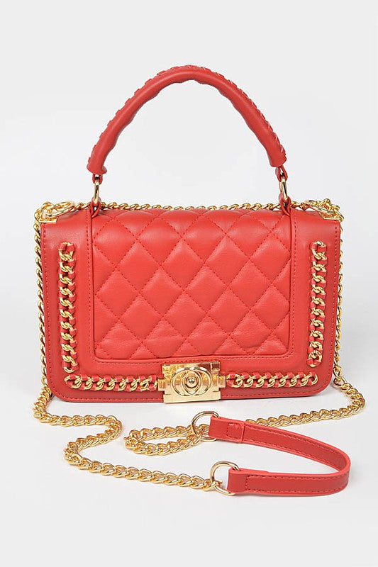 Leather Braided Chain Top Handle Crossbody Handbag