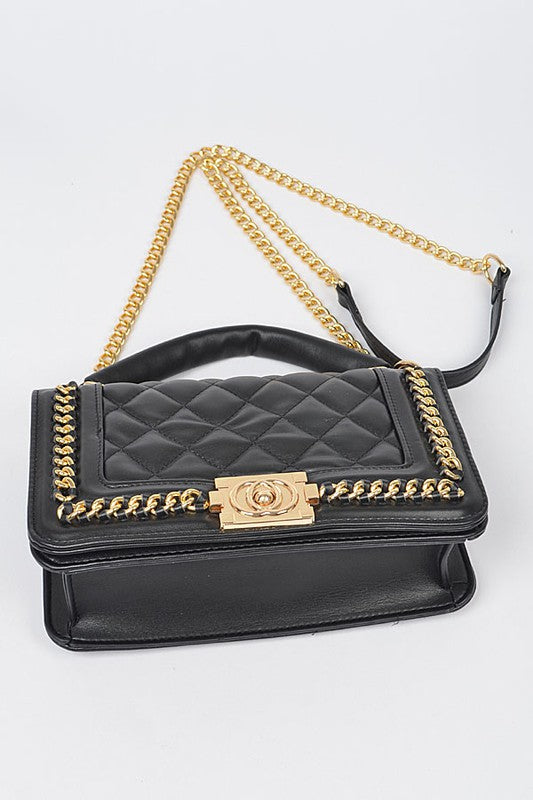 Leather Braided Chain Top Handle Crossbody Handbag