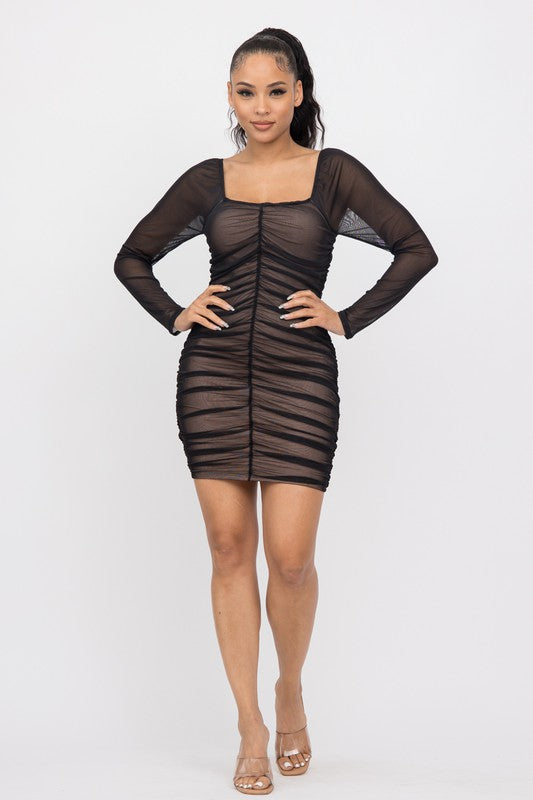 Power Mesh Inside Lining Shirring Dress