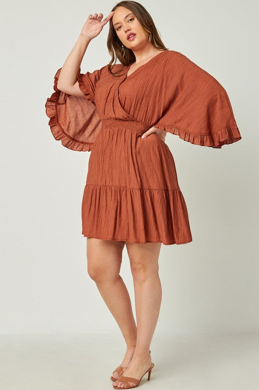 Plus Size Exaggerated Open Ruffled Dolman Sleeve Dress
