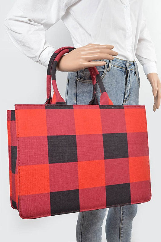 Checkered Woven Canvas Tote Bag