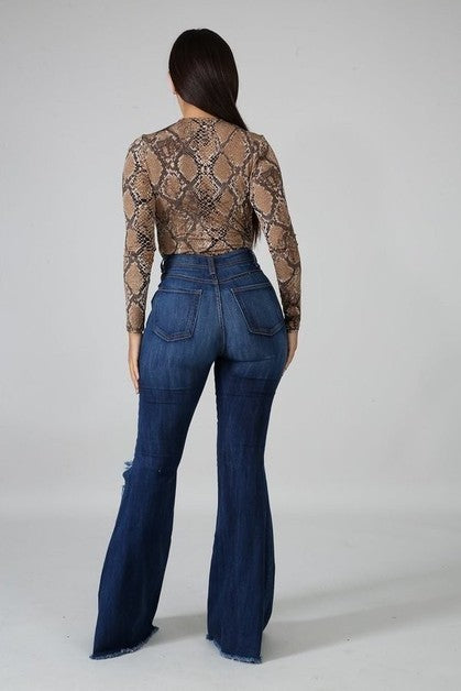 High Rise Dark Wash Bell Bottom Ripped Jeans