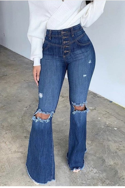 High Rise Dark Wash Bell Bottom Ripped Jeans