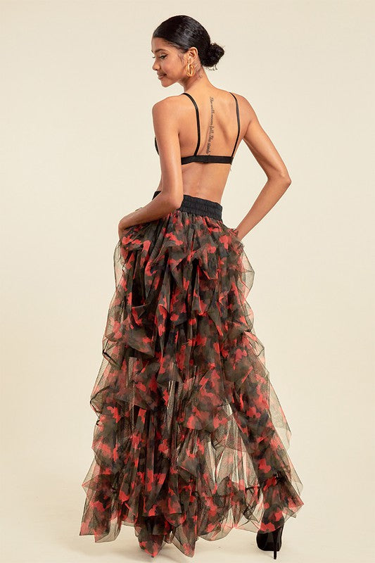 Open Front Mesh Camouflage Maxi Skirt