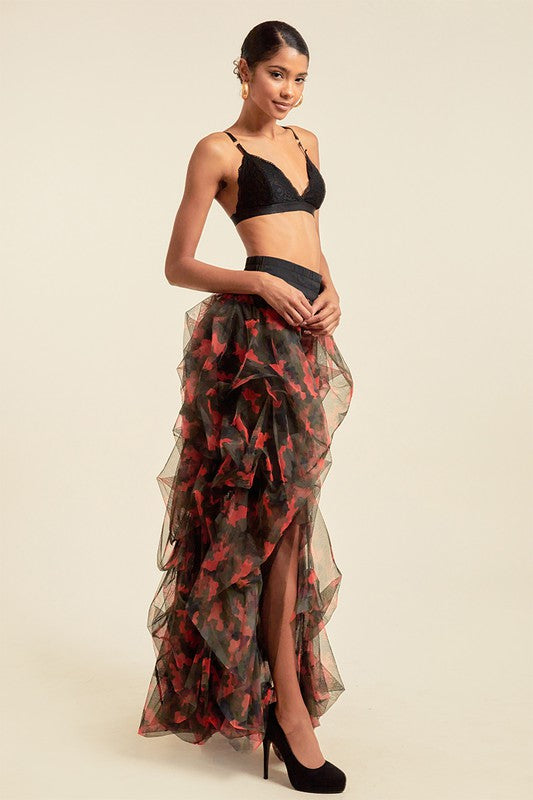 Open Front Mesh Camouflage Maxi Skirt