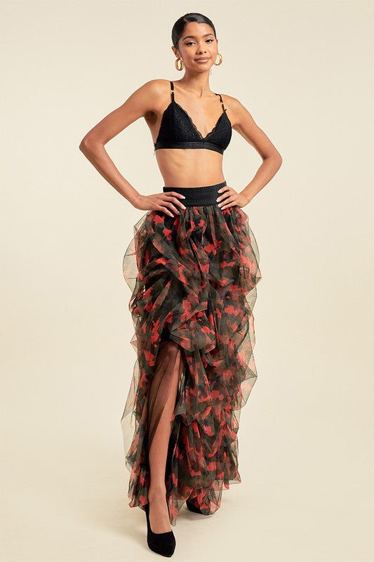 Open Front Mesh Camouflage Maxi Skirt