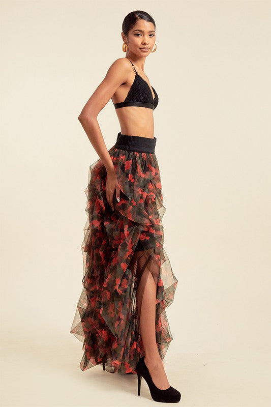 Open Front Mesh Camouflage Maxi Skirt