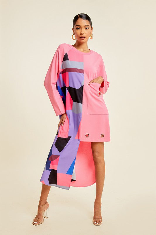 Asymmetric Pattern Blocked Top with Ring Detail Blouse Dress