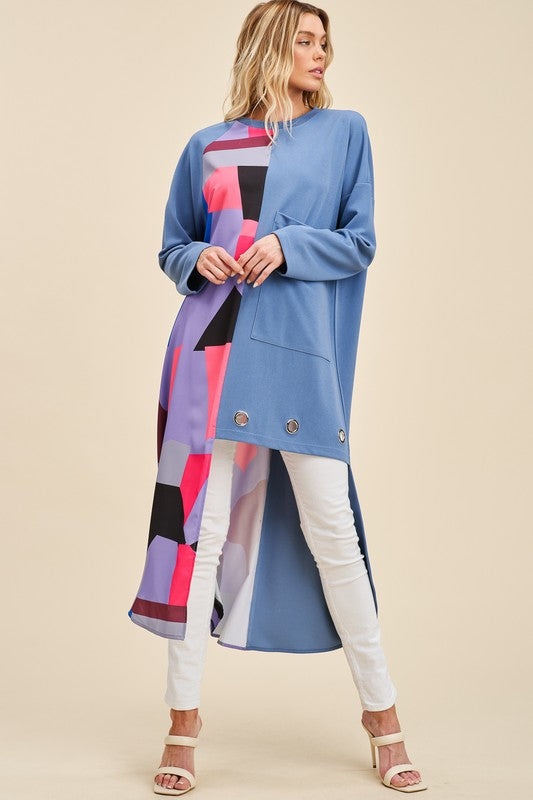 Asymmetric Pattern Blocked Top with Ring Detail Blouse Dress