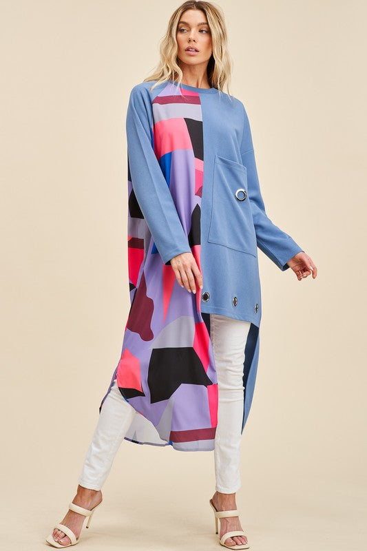 Asymmetric Pattern Blocked Top with Ring Detail Blouse Dress