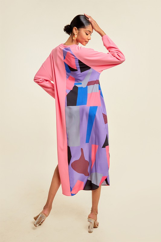Asymmetric Pattern Blocked Top with Ring Detail Blouse Dress