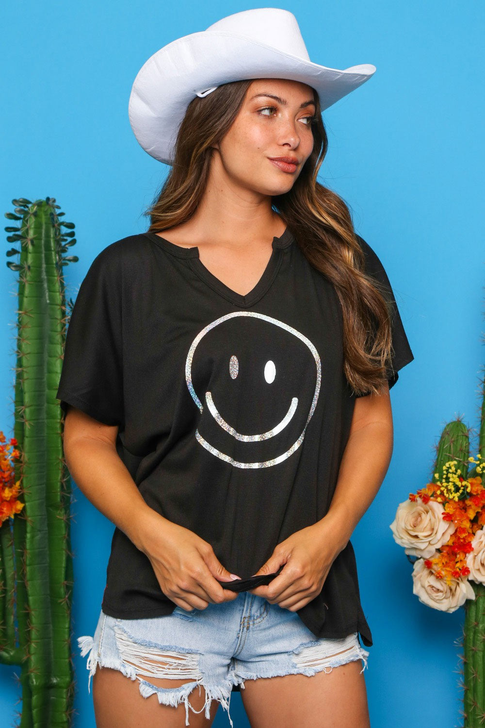 Women's Foil Smiley Face Knit Casual Top