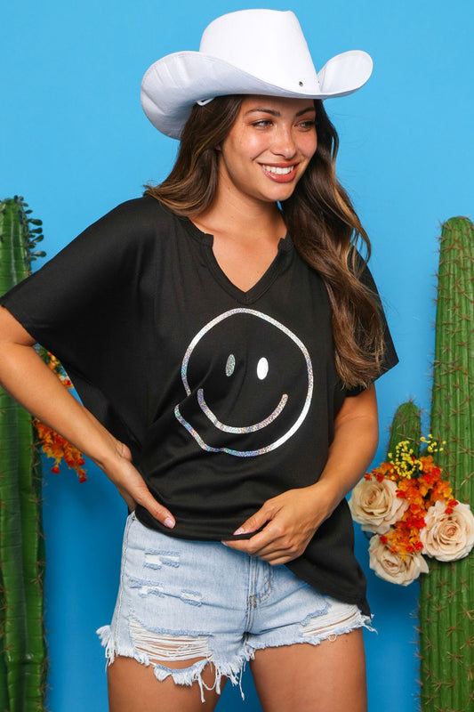 Women's Foil Smiley Face Knit Casual Top