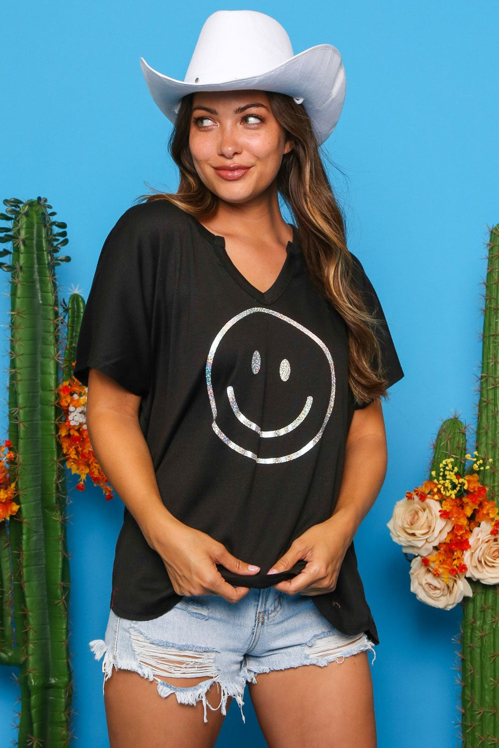 Women's Foil Smiley Face Knit Casual Top