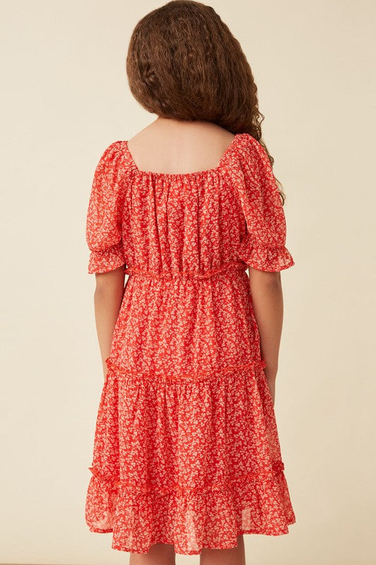 Girls Ditsy Floral Square Neck Smocked Puff Sleeve Dress