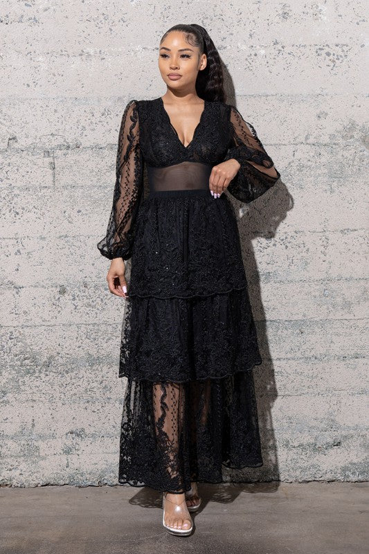 Women's Two Piece Mesh Sequins Embroidered Dress Set