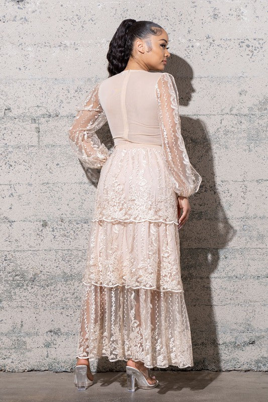 Women's Two Piece Mesh Sequins Embroidered Dress Set