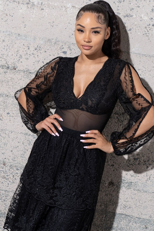 Women's Two Piece Mesh Sequins Embroidered Dress Set