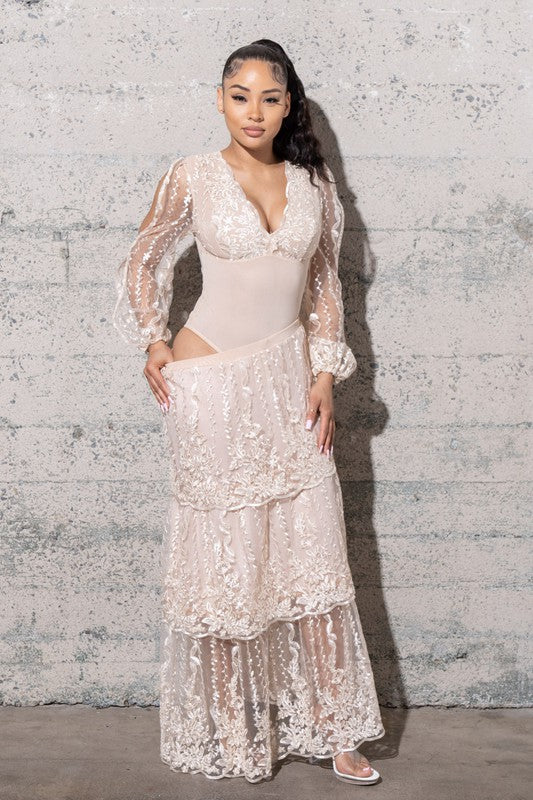 Women's Two Piece Mesh Sequins Embroidered Dress Set