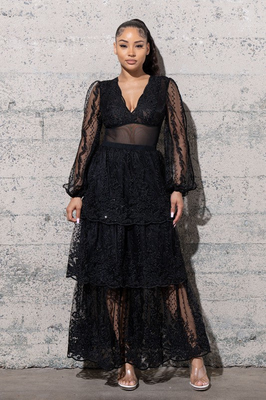 Women's Two Piece Mesh Sequins Embroidered Dress Set