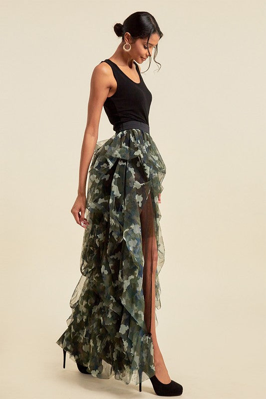 Open Front Mesh Camouflage Maxi Skirt